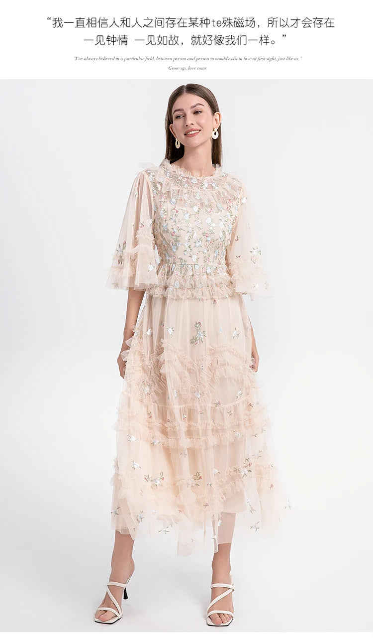 Runway Luxury Long Dresses Women 2025 Summer Holiday Embroidery Flower Ruffles Midi Party Evening Dress Lady Prom Vestidos