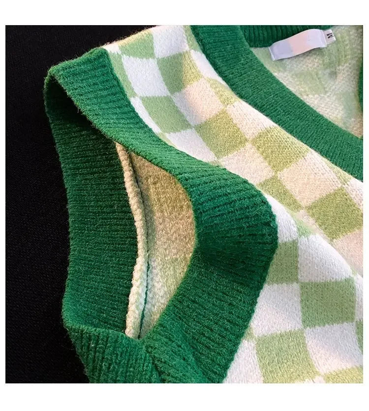 Men's Checkerboard Plaid V-neck Knitted Vest Female Spring Autumn Loose Couple Sweater Coat Sleeveless Vests Casual Tops