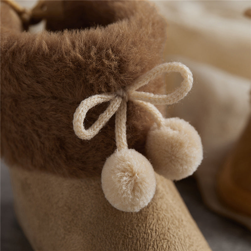 Suefunskry Toddler Baby Girls Boys Boots Winter Warm Soft Sole Fluffy Lace up Boots Cute Plush Pom Decoration Non Slip Shoes