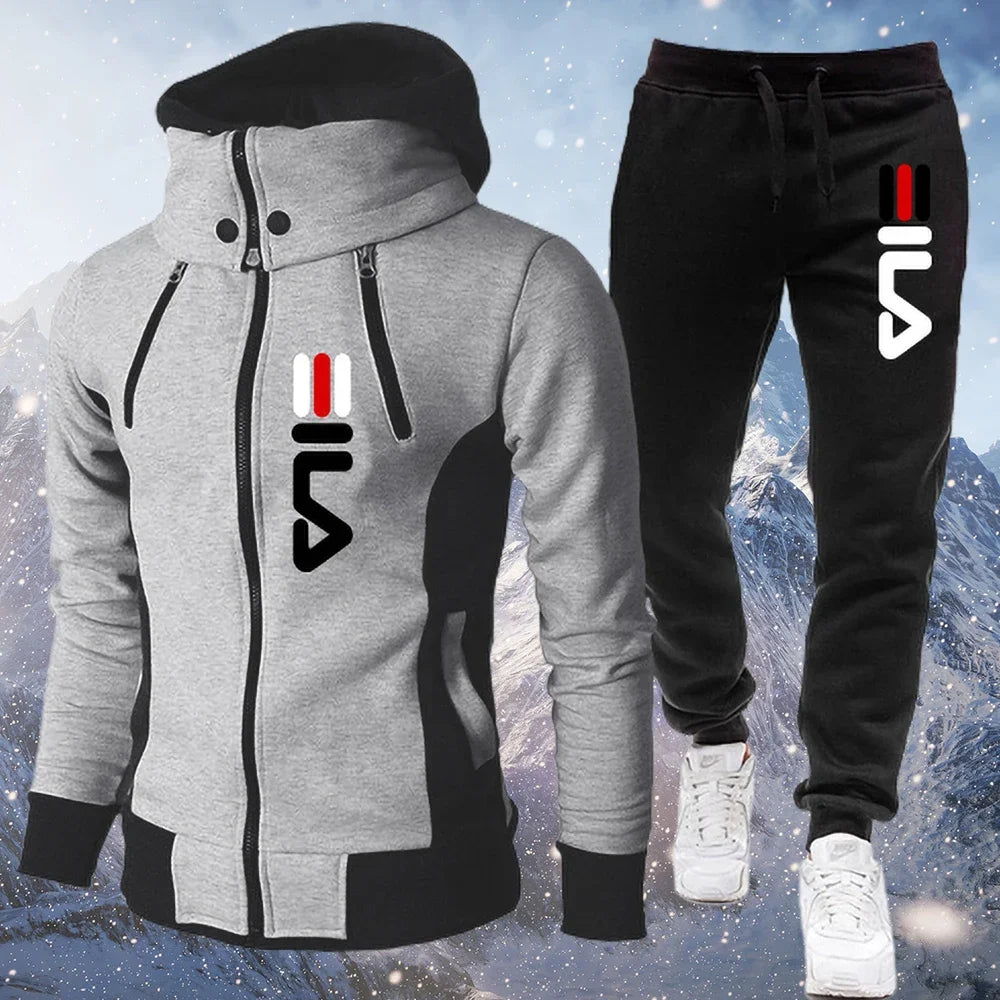 Men's Winter Tracksuit Hoody Hoodies+ Pant High Neck 2-Pcs Set Brand Casual Coldproof Male Sports Cloth Ski Sweat Suit Streetwear