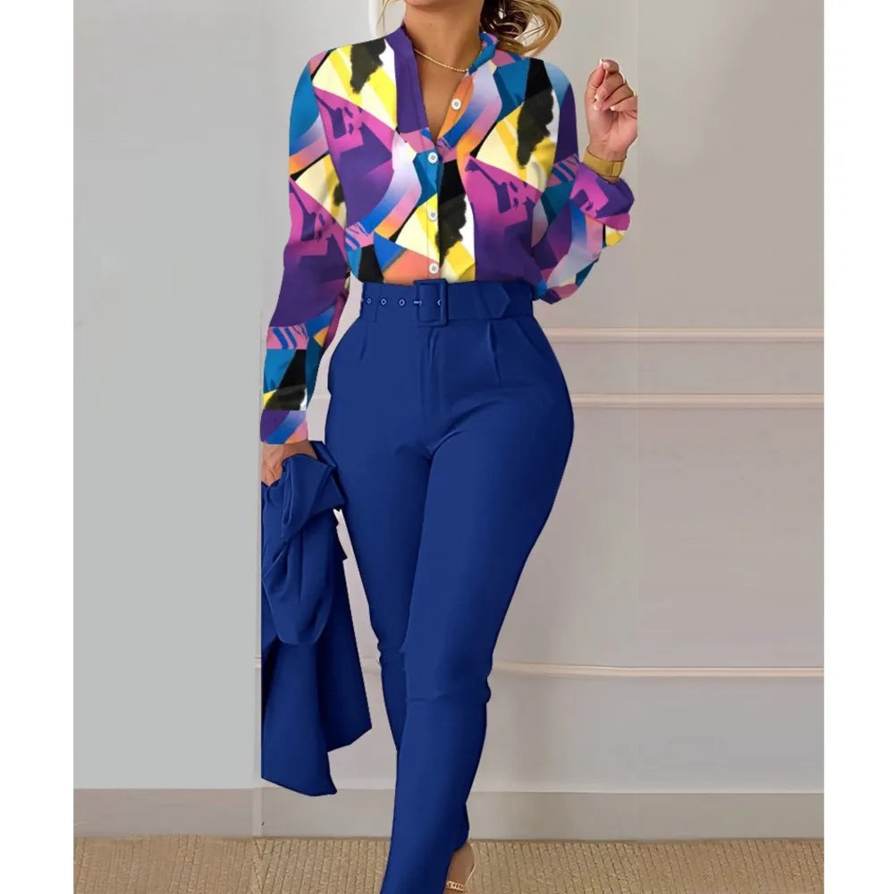 Elegant Women Printed Two Piece Suit Sets Spring Autumn V Neck Long Sleeve Shirt Top & Long Pants Set With Belt Workwear Outfits