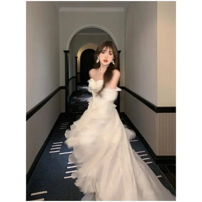 Elegant Ruffles Chic Fairy Dress Women White Sweet Korean Style Princess Dress Female 2025 Summer Slash Neck Casual Party Dress