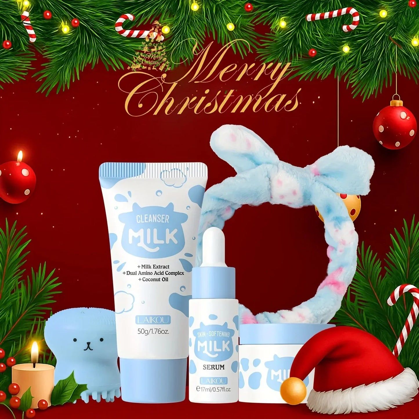 Milk Skincare Set - Hypoallergenic and Moisturizing | Facial Cleanser + Essence + Face Cream + Hair Band + Cleansing Brush