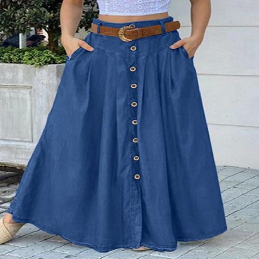 Big Hem Women Long Skirt Solid Color High Waist All Match Button Decor A-line Summer Loose Maxi Skirt Female Garment