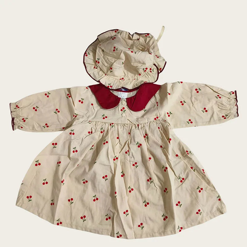 0-2Y Baby Girls Clothes Full Of Cherry Print Baby Dress Long Sleeve Cherry Dresses Ranched Dress with Hat