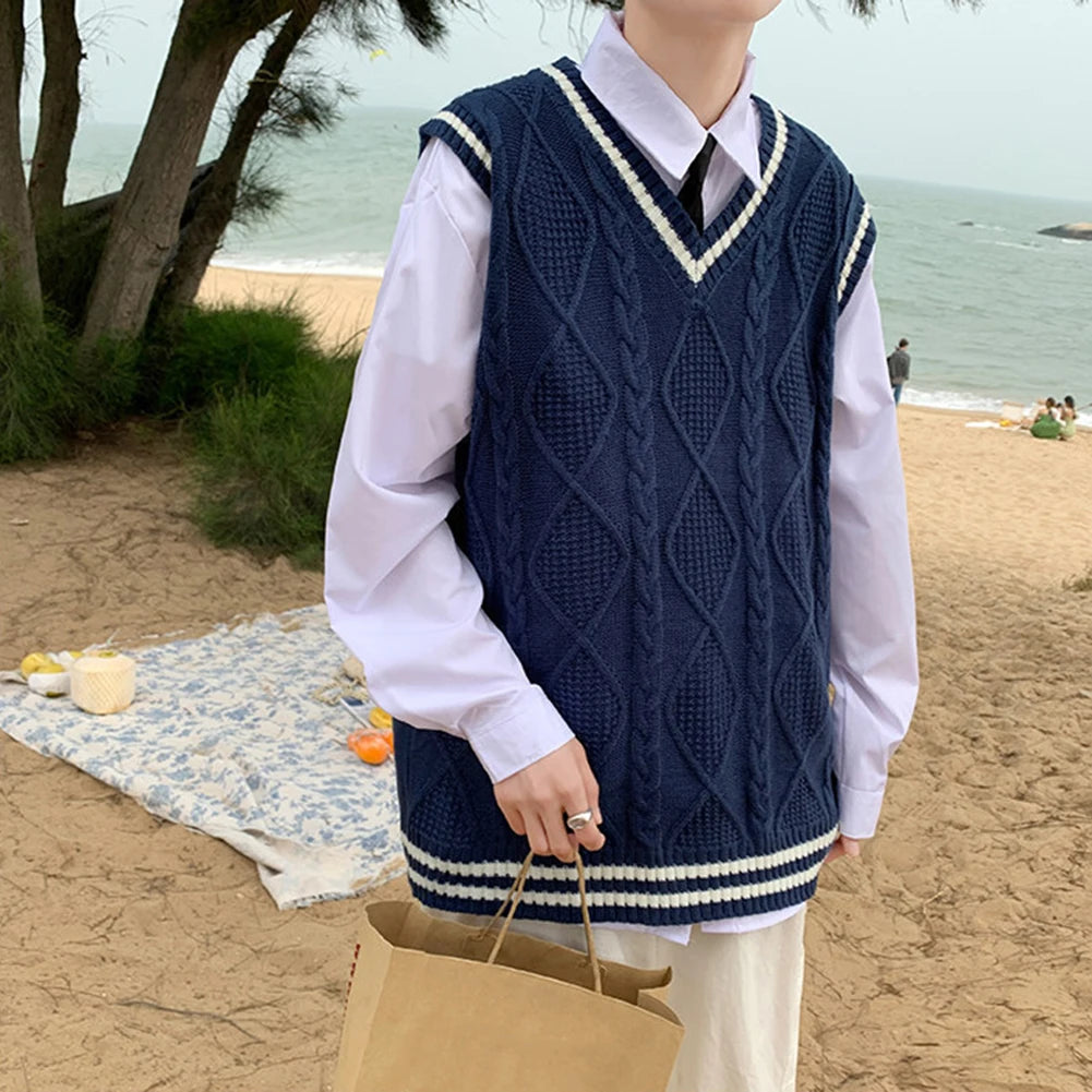 Men's Classic Contrast Color Thermal V-Neck Comfortable Cardigan Sleeveless Slight Stretch Solid Vest Simple Loose Waistcoat Tops