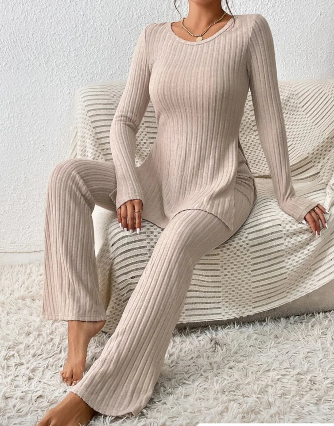 Autumn Winter Women's Clothing New Style Solid Color Sexy Casual Long Sleeved Round Neck Slit Fashion Temperament Two-piece Set