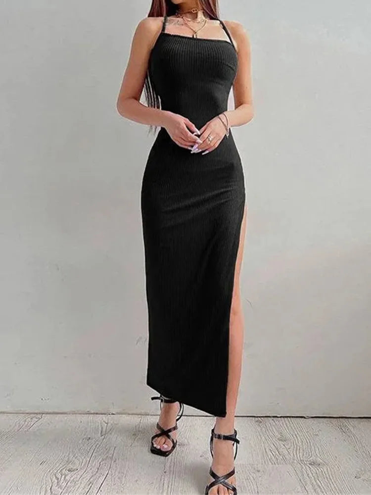 Sexy Black Long Bodycon Dress Women Summer Sleeveless Backless Halter Neck Spaghetti Strap Dresses High Split Vespids