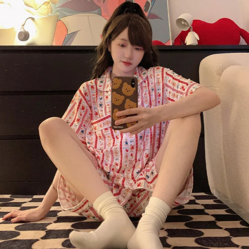 Plus Size Ins Cartoon Pajamas Set Korean Student Summer Internet Celebrity Girl Short Sleeve Shorts Thin Loose Home wear