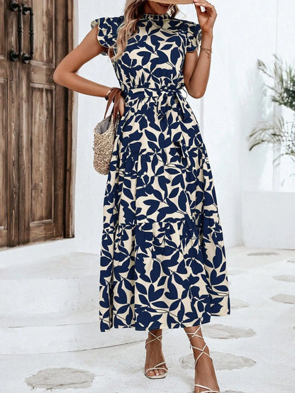 Elegant Women's Flower Midi Dress New Summer Fashion Stand Collar Flying Sleeve Lace Up Dress Casual Beach Holiday Dresses Robe