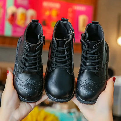 Kids Casual Boots PU Leather Black Zipper for Boys Girls Cross-tied Children Ankle High Boots Anti-skid Round Toes Soft Quality