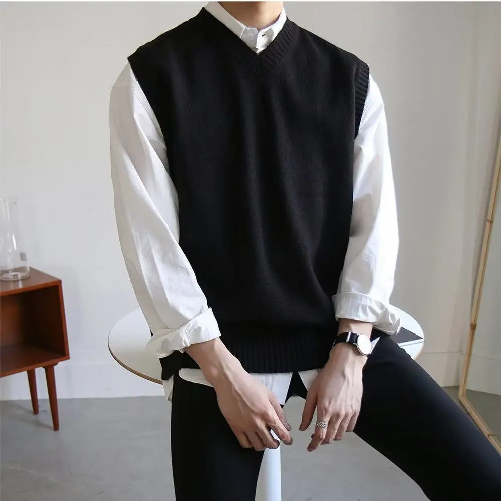 Black Sweater Vest Men Hot Sales Korean Style Chic Solid Autumn Basic Casual Sleeveless Knitwear V-neck Retro Loose High Street