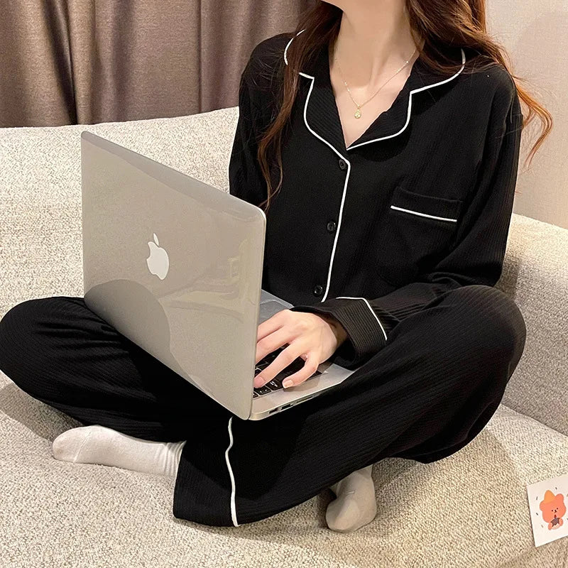Black Sleepwear Women Pajama Sets Korean Pajama Autumn Pants Sets for Women 2 Pieces Button Night Wears Long Sleeve Home Suit
