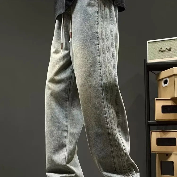 New American Retro Black Straight-leg Jeans For Men High-street Washed Fashionable Loose Wide-leg Floor-length Trousers Clothing