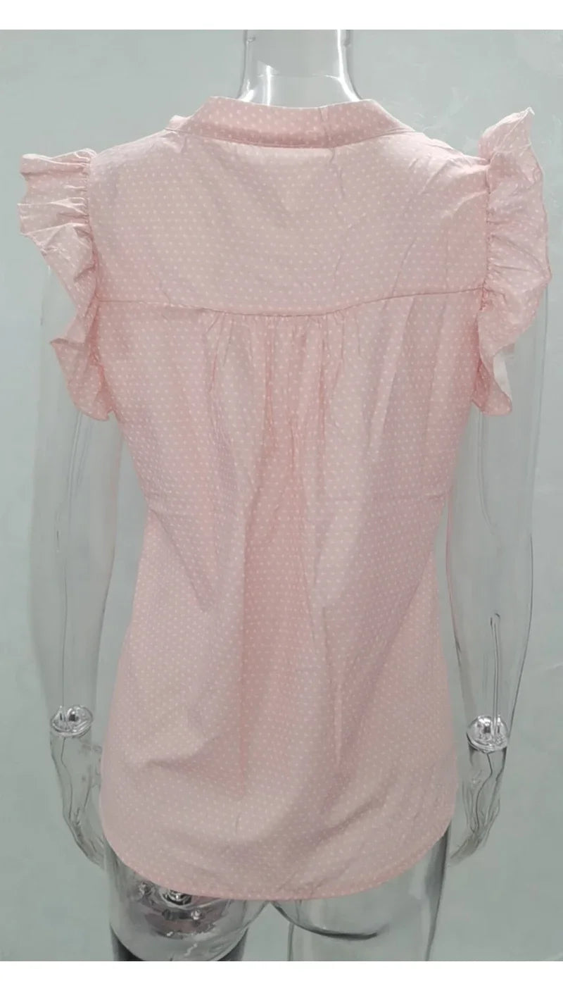 Summer Women Elegant Ruffles Sleeveless Polka Pot Lace Up Tie Bow Blouses and Shirts Casual Oversize Tops Sexy Pullover Tunic