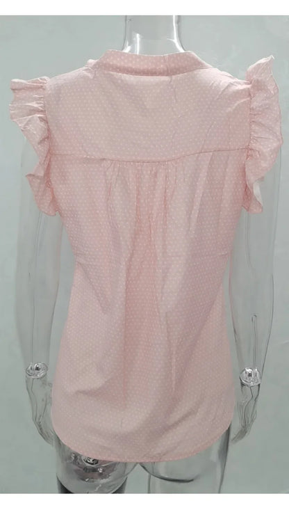 Summer Women Elegant Ruffles Sleeveless Polka Pot Lace Up Tie Bow Blouses and Shirts Casual Oversize Tops Sexy Pullover Tunic