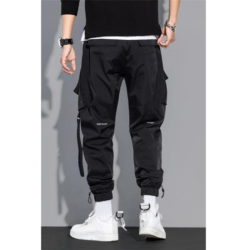 Thin Streetwear Casual Pants Men Ribbons Harem Jogging Pants Male Slim Fit Spring Cargo Pants Multi-Pockets Women Trouser
