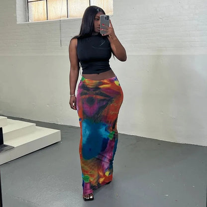 Simenual Harajuku Aesthetics Multi Printed High Waist Long Skirts Women Cyber Y2K Package Hip Skirt Chic Holiday Outfits Slim