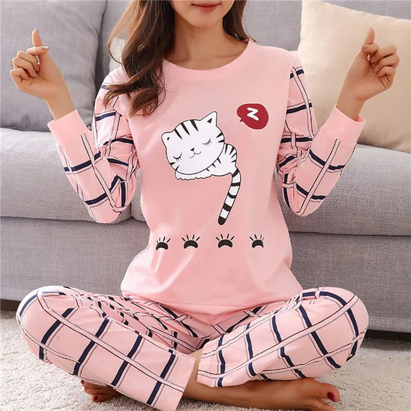 Cartoon Cotton Pajamas Women's Spring and Autumn Models Long-sleeved Home Service Women's Simple Loose Casual Suit Large Size