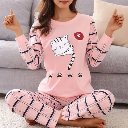 Cartoon Cotton Pajamas Women's Spring and Autumn Models Long-sleeved Home Service Women's Simple Loose Casual Suit Large Size