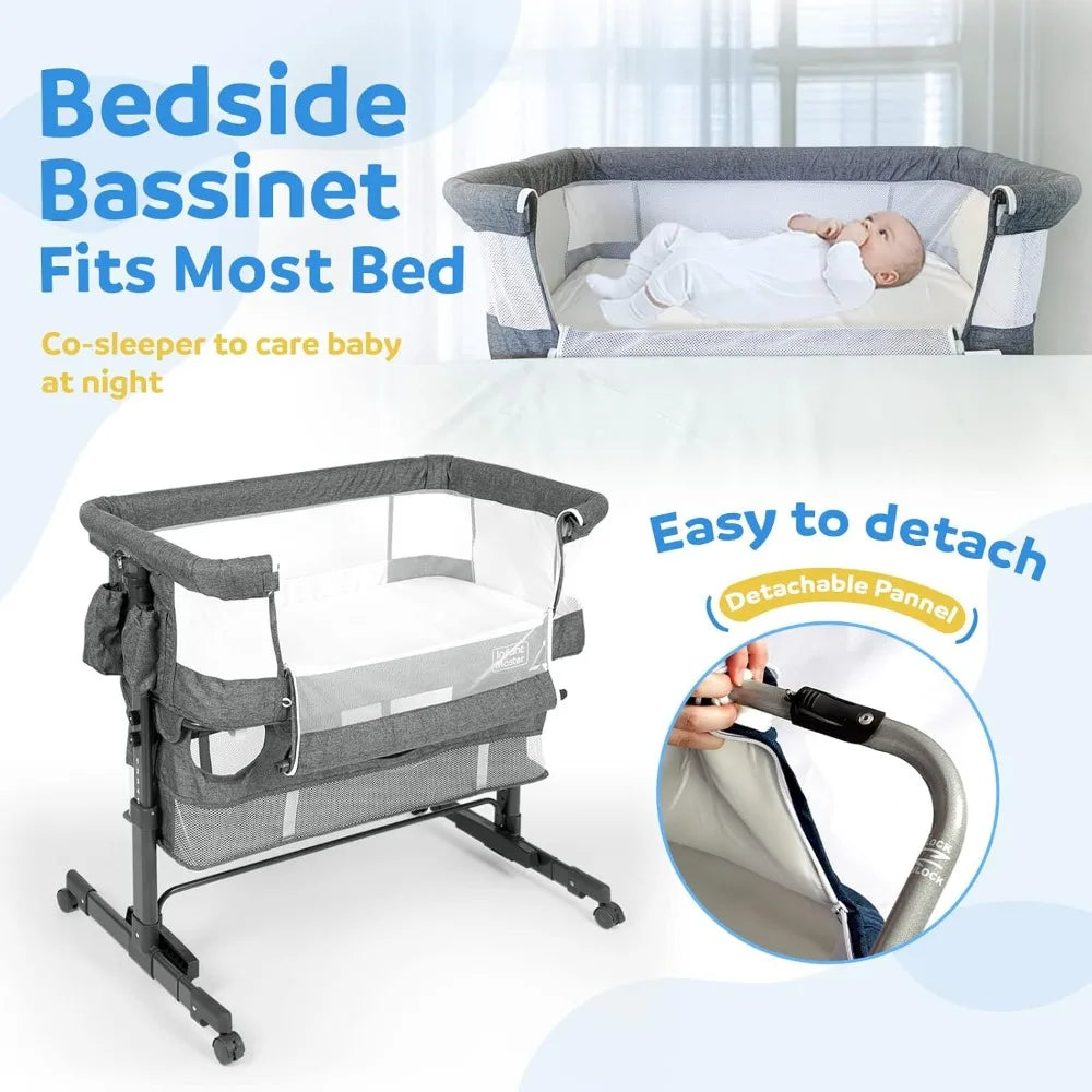 3 in 1 Baby Bassinet, Upgraded Beside Crib with 360° Highly Visible Mesh wall, Comfy Co-sleeper Bassinet with mattress, 5 Level