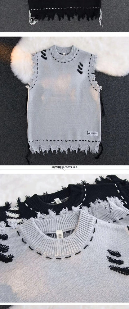 Sweater Vests Men Frayed Raw Edge Comfortable Sleeveless All-match Japanese Style Knitting Leisure Daily Chic Aesthetic Classic