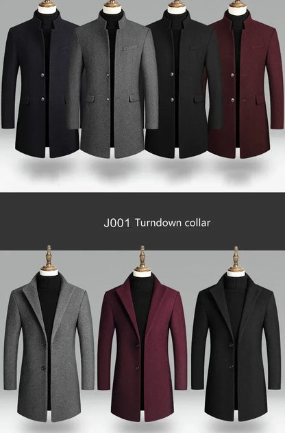 Men's Autumn Winter Long Woolen Coats Men's Business Office Casual Slim Solid Wool Windbreaker Thicken Warm Trench Jacket
