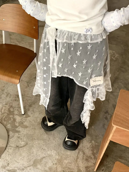 Fashion Star Gauze Sweet Irregular Chic Women Skirts Japanese Y2k Aesthetic Split Skirt Vintage Casual Lace Ruffled Fairy Faldas