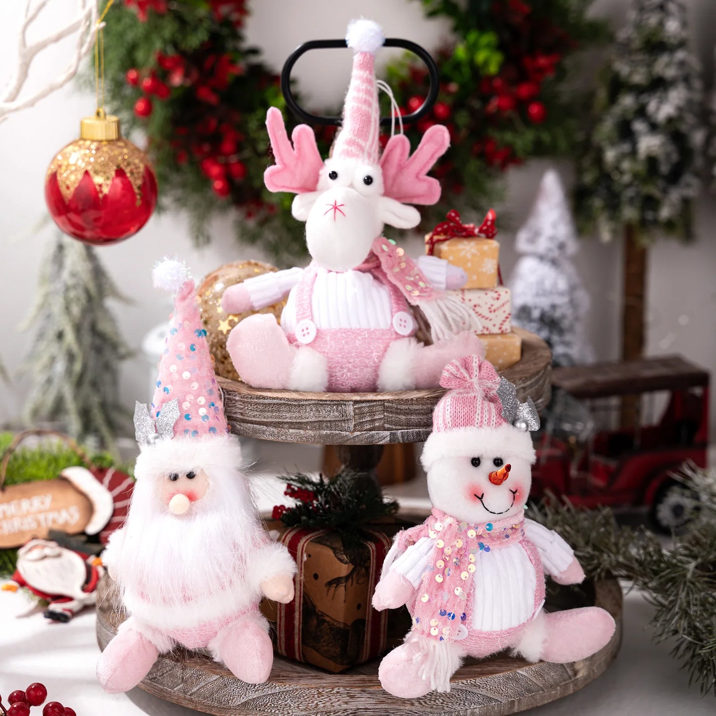 Christmas Decorations: Pink Sequined Scarf, Snowman, Pink Overalls, Reindeer, Pink Sequined Pointed Hat, Santa Claus Home Decor