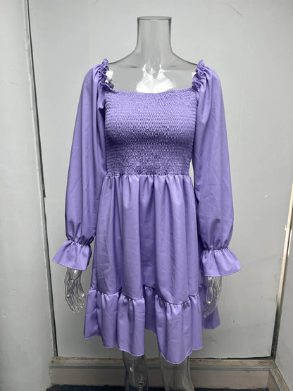 Women's Dress Simple Square Neck Solid Color Long Sleeve Dress Parallel Crepe Seam Body Bell Sleeves Ruffle Hem Dress Women