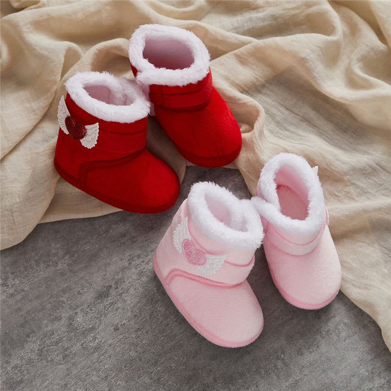 Suefunskry Newborn Baby Winter Snow Boots Contrast Color Ankle Boots Warm Plush Heart Wings Baby Walking Shoes for Toddler 0-18M