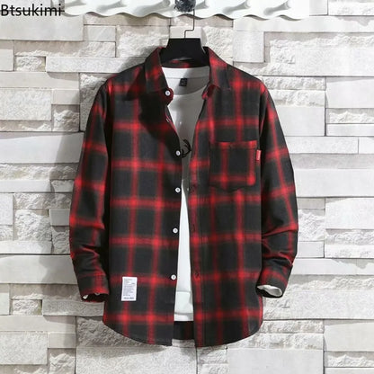 Spring New Korean Style Plaid Shirts Men's Handsome Long-sleeved Loose Casual All-matching Shirt Coats 2025 Trend Men's Clothing
