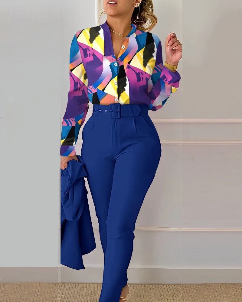 Elegant Women Printed Two Piece Suit Sets Spring Autumn V Neck Long Sleeve Shirt Top & Long Pants Set With Belt Workwear Outfits