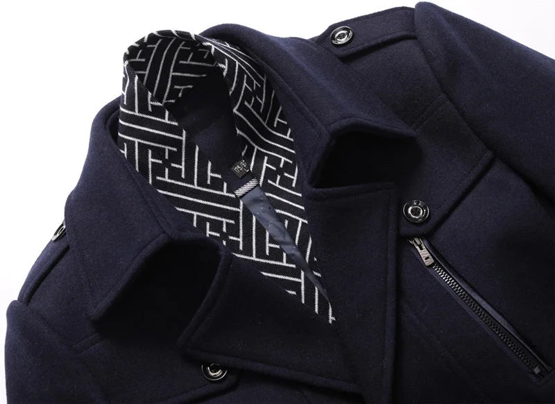 Winter Men's Woolen Coats Fashion Thicken Mid Length Trench Solid Turn Down Collar Warm Outerwear Business Casual Wool Coat Men