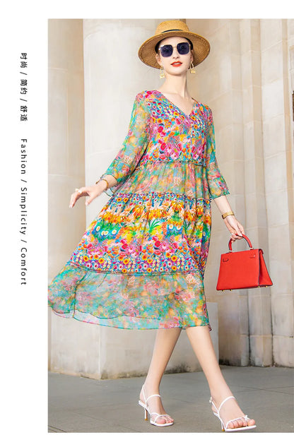 High Quality Summer 2025 Beach Boho Vintage Print Chiffon V Neck Dress Elegant Party Robe Designer Vespids Loose Midi Dress