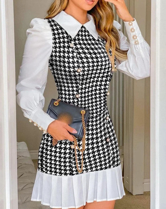 Women's Dresses 2025 Spring Fashion Houndstooth Button Decor Puff Sleeve Ruffle Hem Elegant Turn-Down Collar Daily A Line Dress