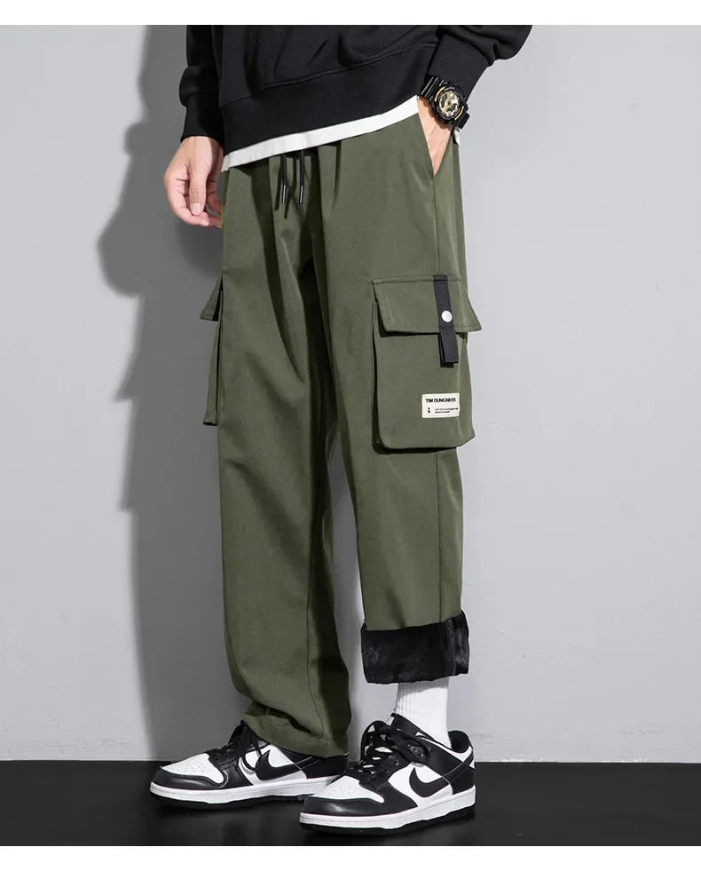 2025 Cargo Pants Men Straight Fit Wide Leg Fleece Lined Trouser Male Winter Fashion Loose Baggy Large Plus Size Warm Streetwear