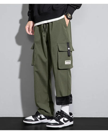 2025 Cargo Pants Men Straight Fit Wide Leg Fleece Lined Trouser Male Winter Fashion Loose Baggy Large Plus Size Warm Streetwear