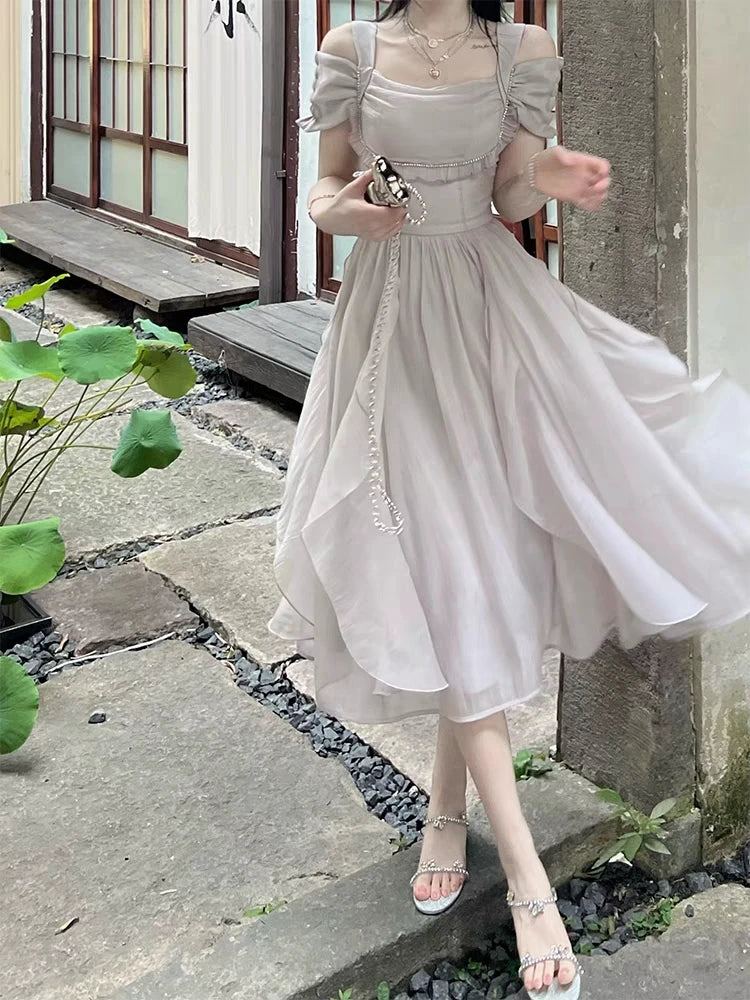 Korean Casual Midi Dress for Women 2025 New Summer Fashion Elegant Off The Shoulder Folds Ruffle Female Clothes Birthday Dress