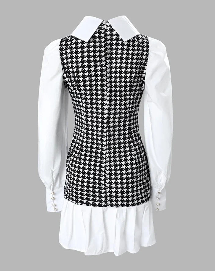 Women's Dresses 2025 Spring Fashion Houndstooth Button Decor Puff Sleeve Ruffle Hem Elegant Turn-Down Collar Daily A Line Dress
