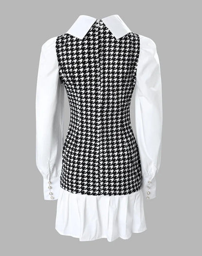 Women's Dresses 2025 Spring Fashion Houndstooth Button Decor Puff Sleeve Ruffle Hem Elegant Turn-Down Collar Daily A Line Dress
