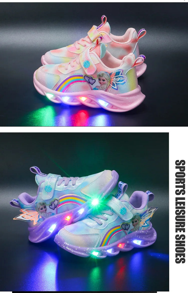 Disney Girls' Casual Shoes Led Lights Mesh Breathable Children's Sports  Princess Elsa Pink Purple Shoes Sneakers Size 22-37