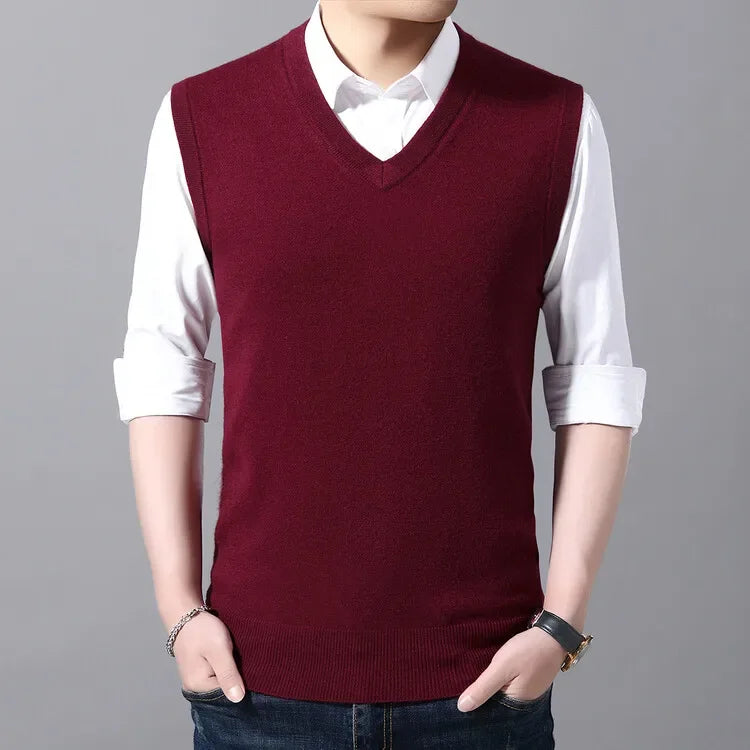 New Men's Autumn High-end Sweater Vest V-neck Warm Knit Sleeveless Men's Clothes Pullover Tops