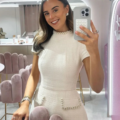 White Shoulder Pad Short Sleeve Party Dress Women's Elegant Tweed A-line O-neck Patchwork Luxury Black Evening Dresses Birthday