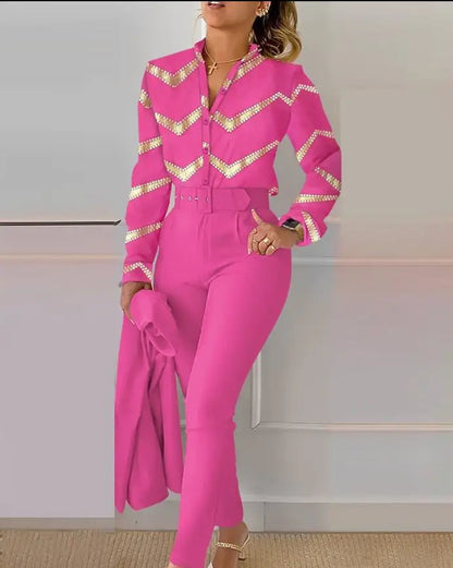 Elegant Women Printed Two Piece Suit Sets Spring Autumn V Neck Long Sleeve Shirt Top & Long Pants Set With Belt Workwear Outfits