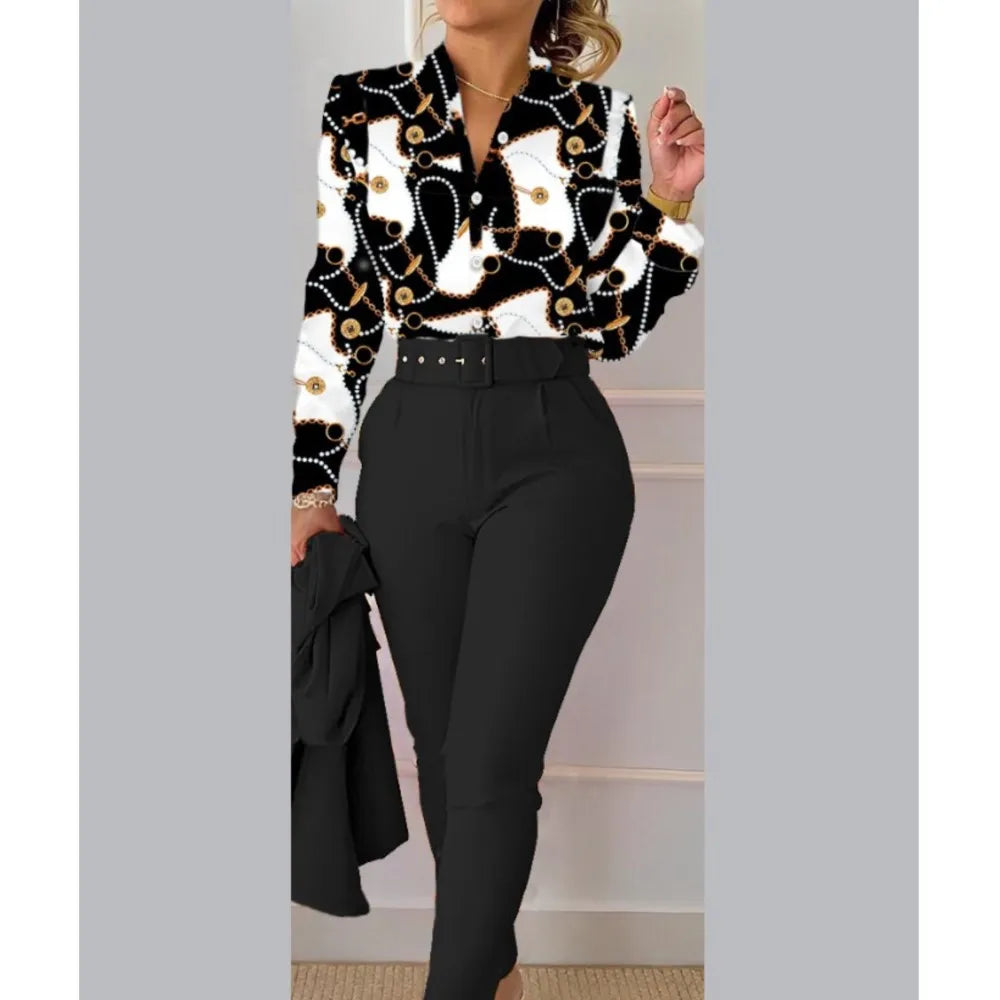 Elegant Women Printed Two Piece Suit Sets Spring Autumn V Neck Long Sleeve Shirt Top & Long Pants Set With Belt Workwear Outfits