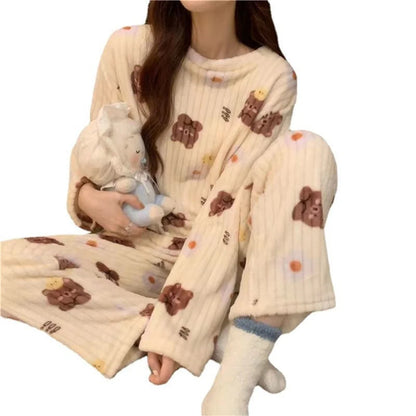 Flannel Long sleeve cartoon sleepwear suit Cozy Thick Warm Cartoon Sleepwear Suit Stylish Women's pajamas set for Autumn Winter