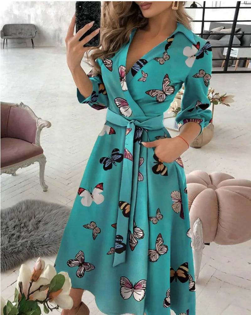 Office Women Casual Sashes A-Line Wrap Summer Dress 2025 Print Long Sleeve V-Neck Dress Pocket Elegant Midi Party Dress Vestidos