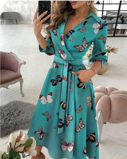Office Women Casual Sashes A-Line Wrap Summer Dress 2025 Print Long Sleeve V-Neck Dress Pocket Elegant Midi Party Dress Vestidos