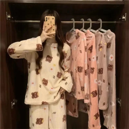 Flannel Long sleeve cartoon sleepwear suit Cozy Thick Warm Cartoon Sleepwear Suit Stylish Women's pajamas set for Autumn Winter